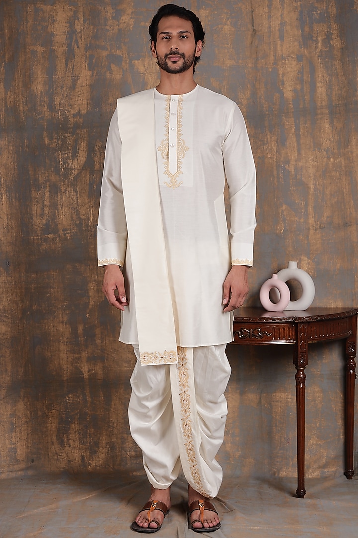 Cream Cotton Silk Embroidered Kurta Set by Zoop Men at Pernia's Pop Up Shop