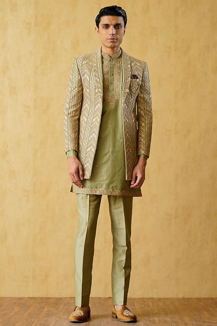Green Jacquard Embroidered Indowestern Set by Zoop Men