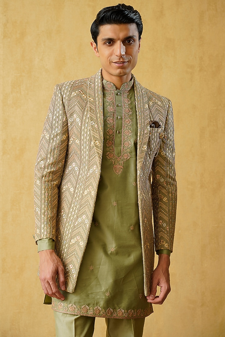 Green Jacquard Embroidered Wedding Indowestern Set by Zoop Men at Pernia's Pop Up Shop