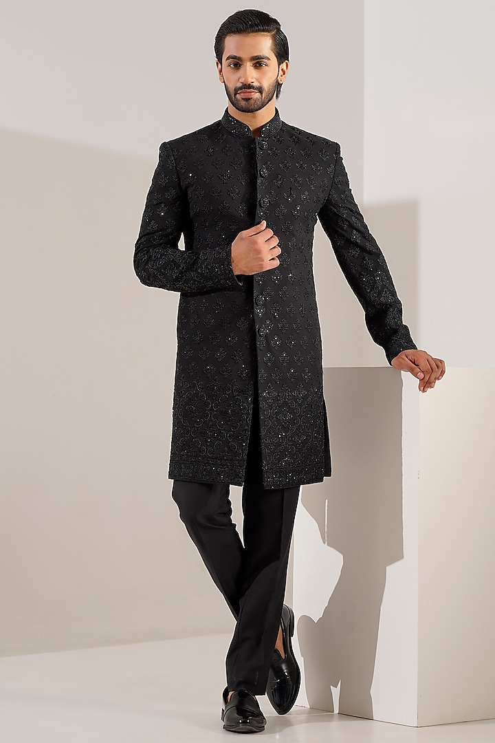 Black Jacquard Cutdana Embroidered Indowestern Set by Zoop Men