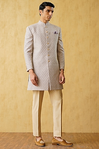 Light Mauve Silk Embroidered Sherwani Set by Zoop Men