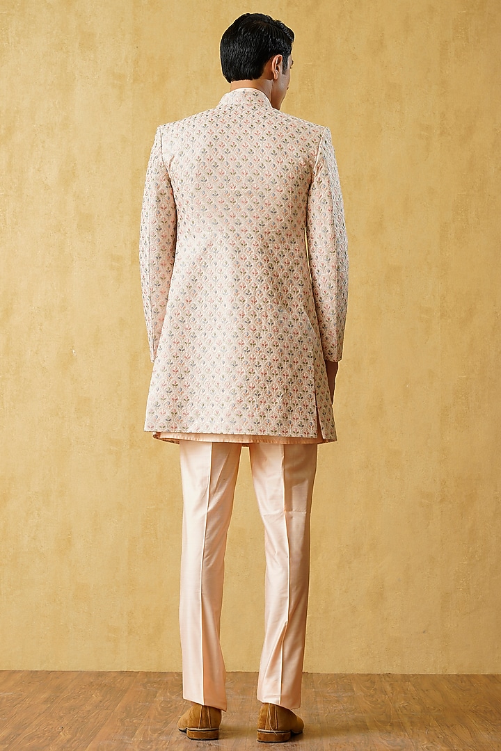 Light Pink Jacquard Embroidered Wedding Indowestern Set by Zoop Men at Pernia's Pop Up Shop