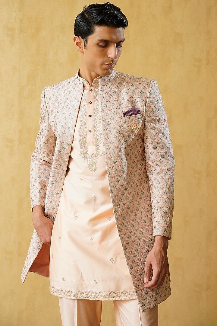 Light Pink Jacquard Embroidered Wedding Indowestern Set by Zoop Men at Pernia's Pop Up Shop