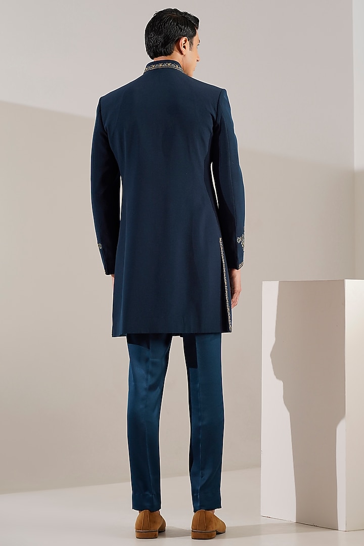 Teal Silk Blend Hand Embroidered Wedding Indowestern Set by Zoop Men at Pernia's Pop Up Shop