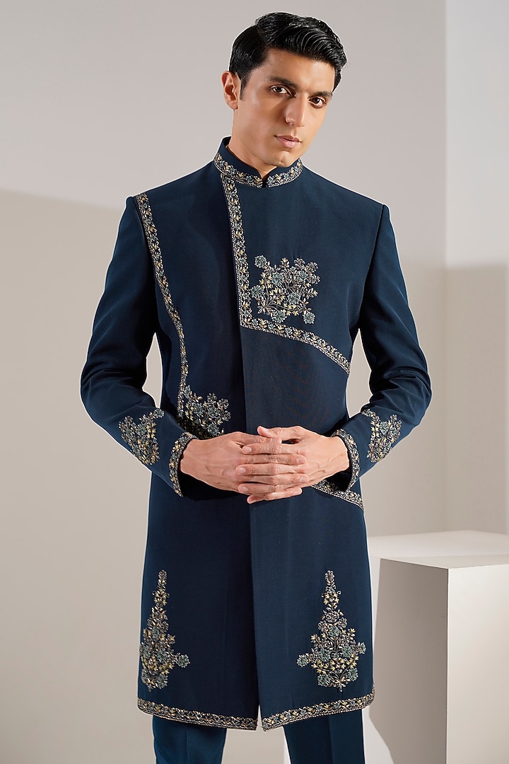 Teal Silk Blend Hand Embroidered Wedding Indowestern Set by Zoop Men at Pernia's Pop Up Shop