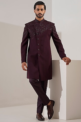 Wine Silk Blend Cutdana Work Indowestern Set by Zoop Men