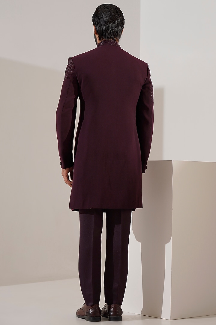 Wine Silk Blend Cutdana Work Wedding Indowestern Set by Zoop Men at Pernia's Pop Up Shop