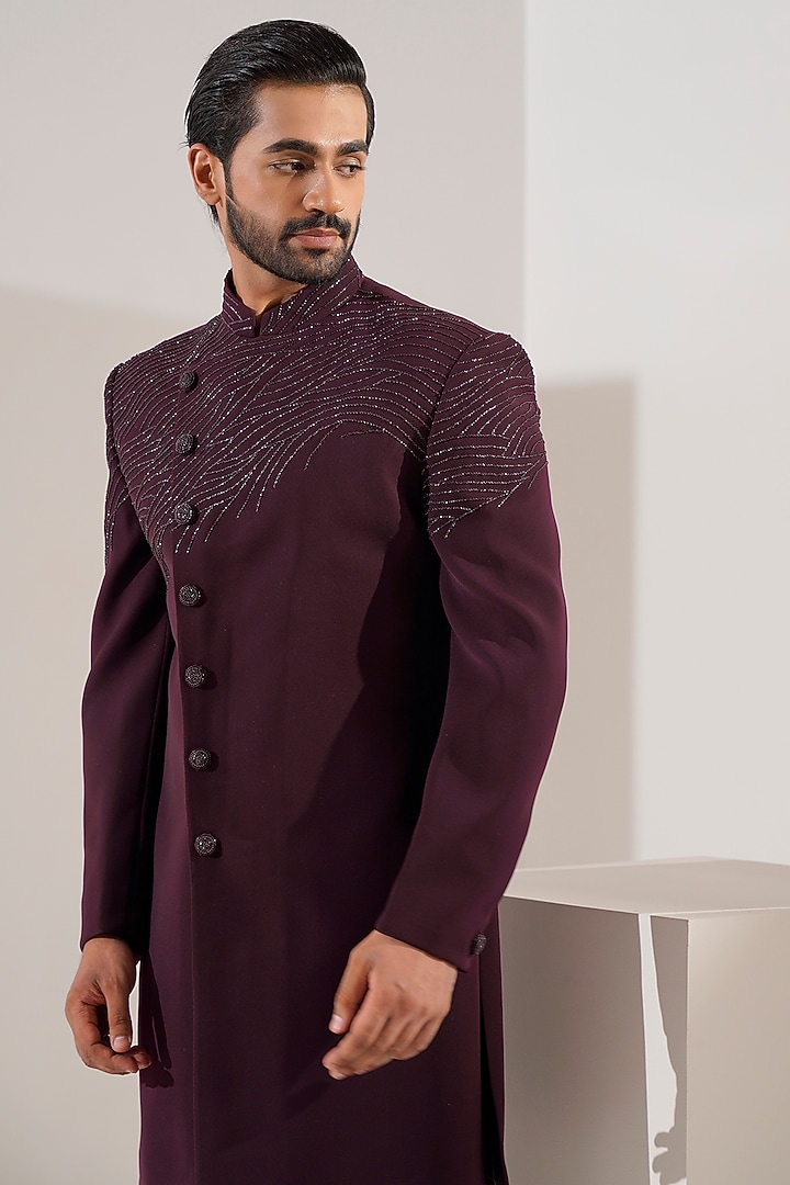 Wine Silk Blend Cutdana Work Wedding Indowestern Set by Zoop Men at Pernia's Pop Up Shop