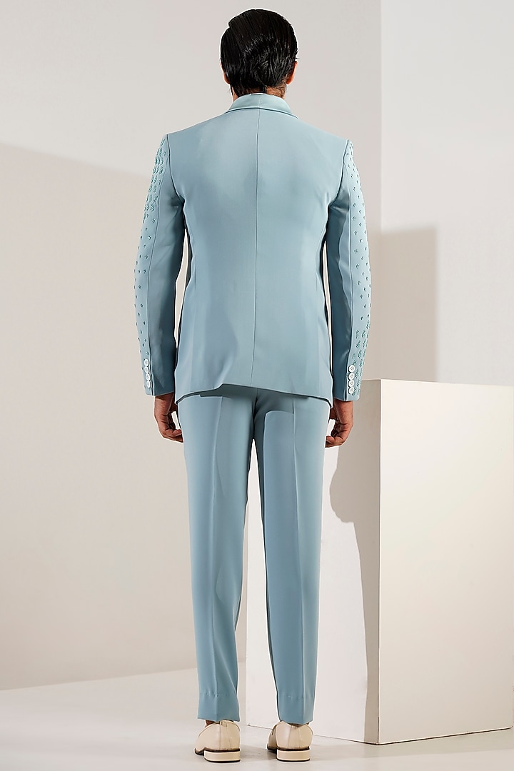 Aqua Blue Japanese Lycra Hand Embroidered Tuxedo Set by Zoop Men at Pernia's Pop Up Shop