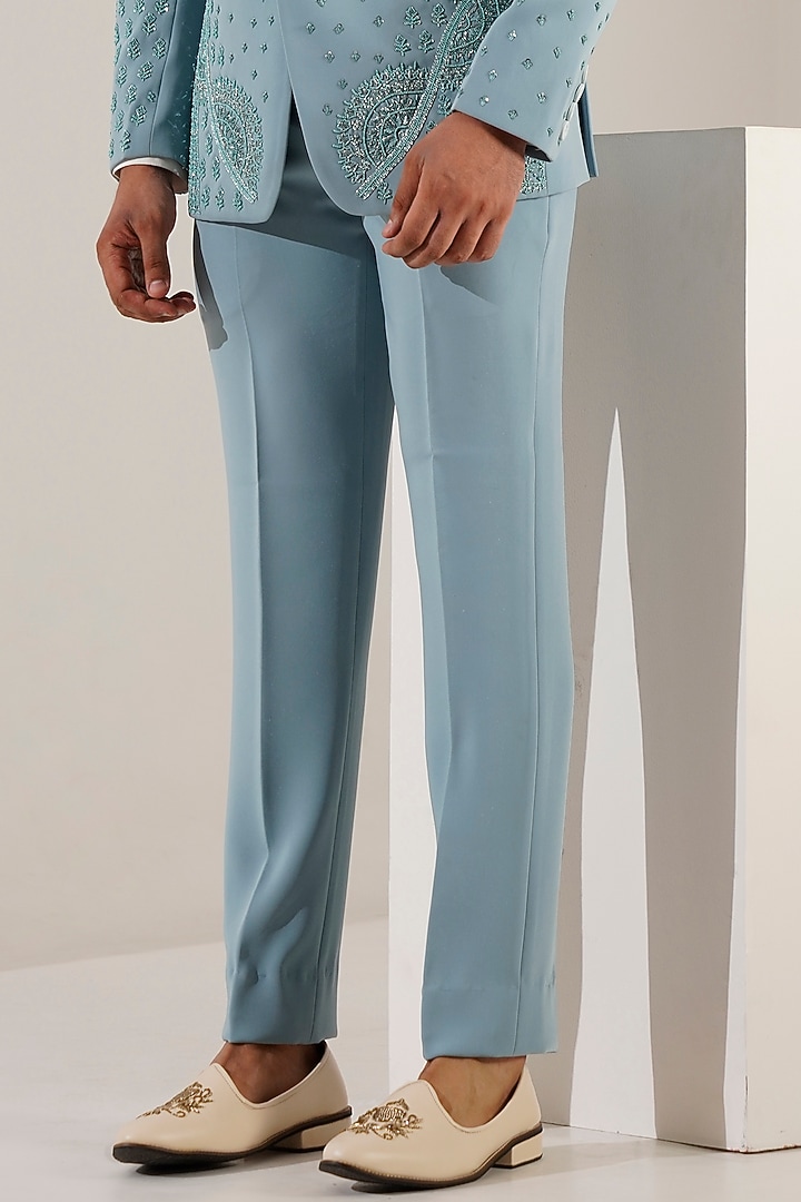 Aqua Blue Japanese Lycra Hand Embroidered Tuxedo Set by Zoop Men at Pernia's Pop Up Shop