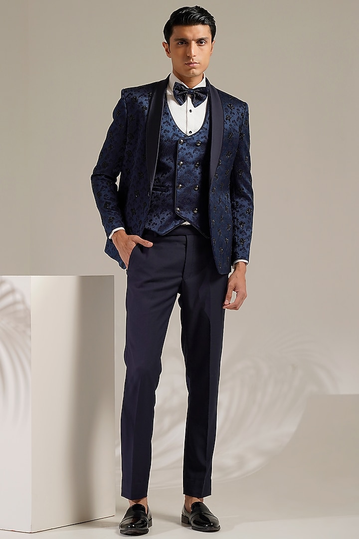 Blue Jacquard Embroidered Tuxedo Set by Zoop Men