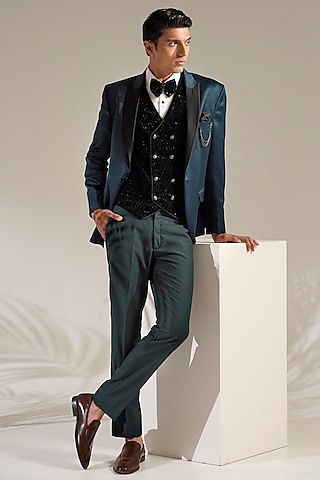 Teal Jacquard Tuxedo Set by Zoop Men