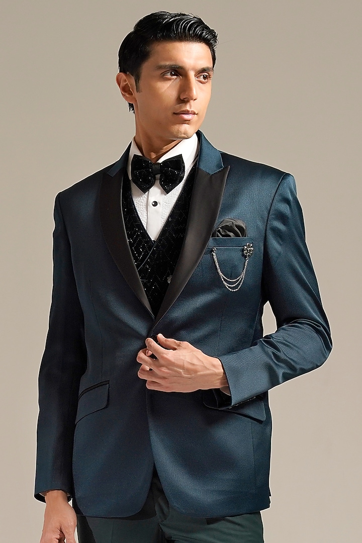 Teal Jacquard Tuxedo Set by Zoop Men at Pernia's Pop Up Shop