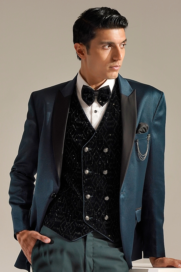 Teal Jacquard Tuxedo Set by Zoop Men at Pernia's Pop Up Shop