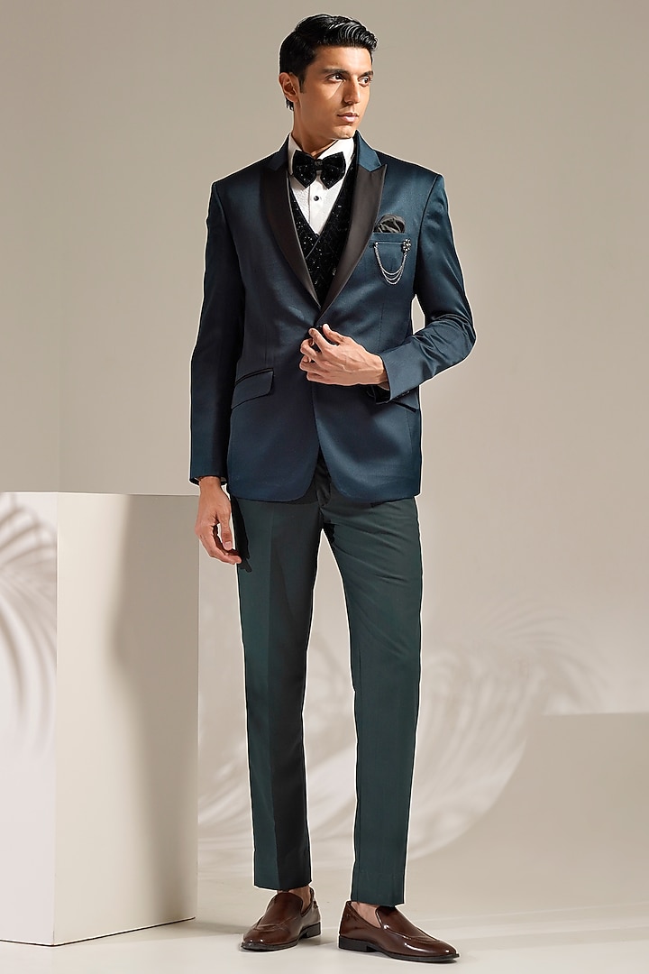 Teal Jacquard Tuxedo Set by Zoop Men at Pernia's Pop Up Shop