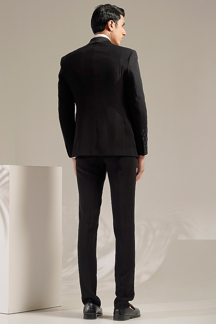 Deep Black Japanese Lycra Hand Embroidered Tuxedo Set by Zoop Men at Pernia's Pop Up Shop