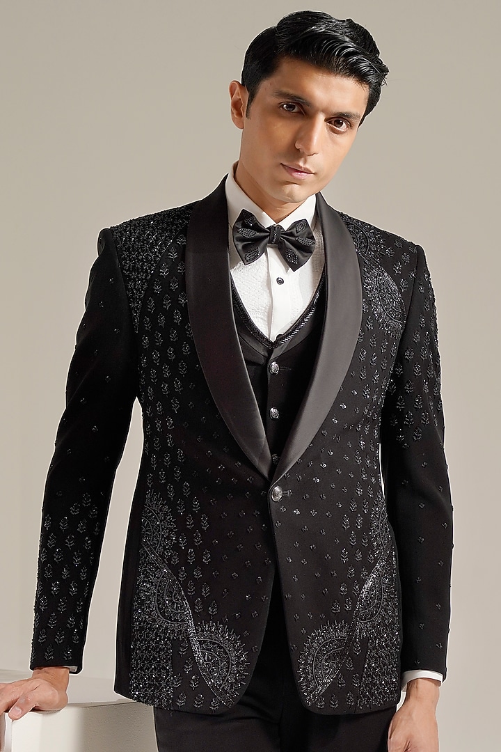Deep Black Japanese Lycra Hand Embroidered Tuxedo Set by Zoop Men at Pernia's Pop Up Shop