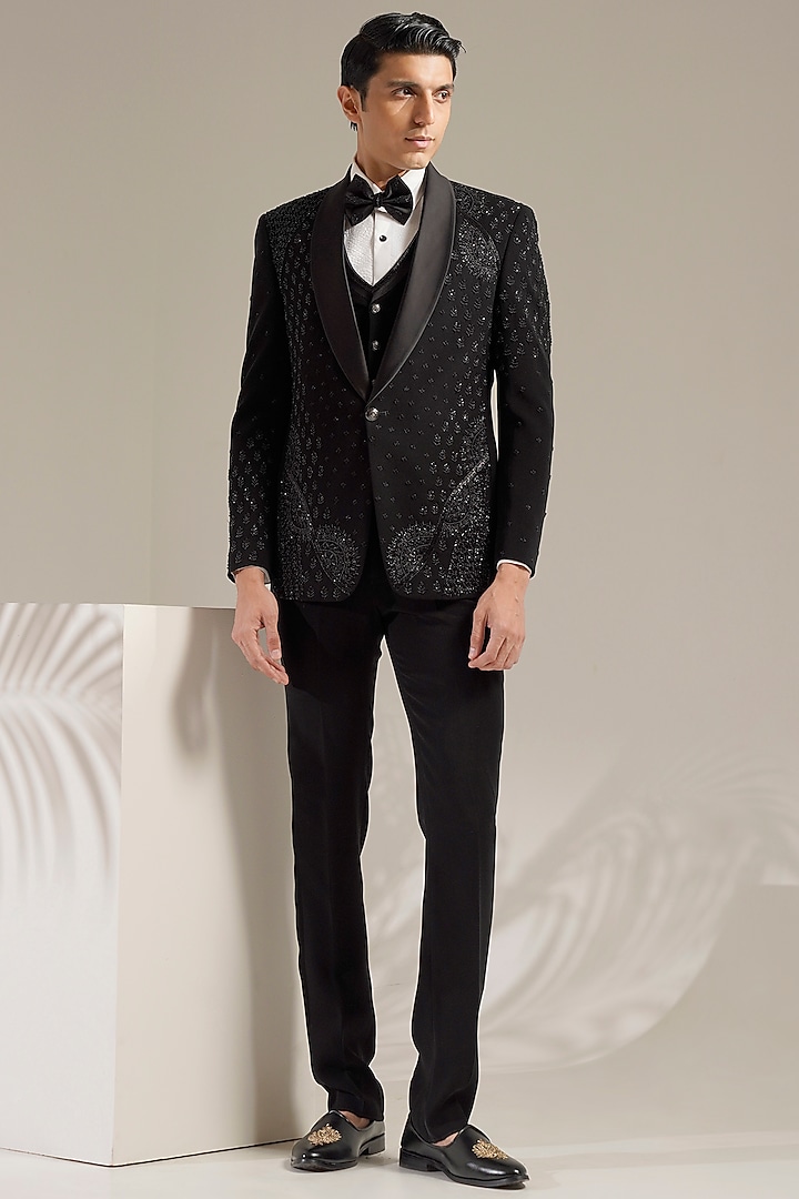 Deep Black Japanese Lycra Hand Embroidered Tuxedo Set by Zoop Men at Pernia's Pop Up Shop