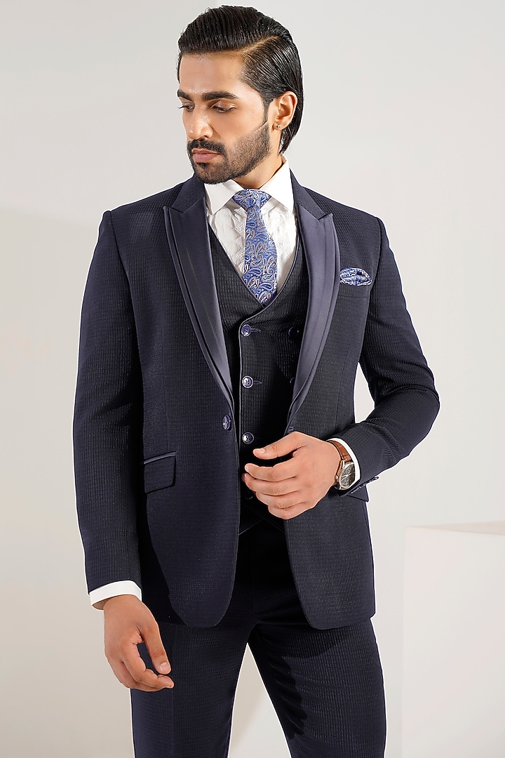 Blue Jacquard Tuxedo Set by Zoop Men at Pernia's Pop Up Shop