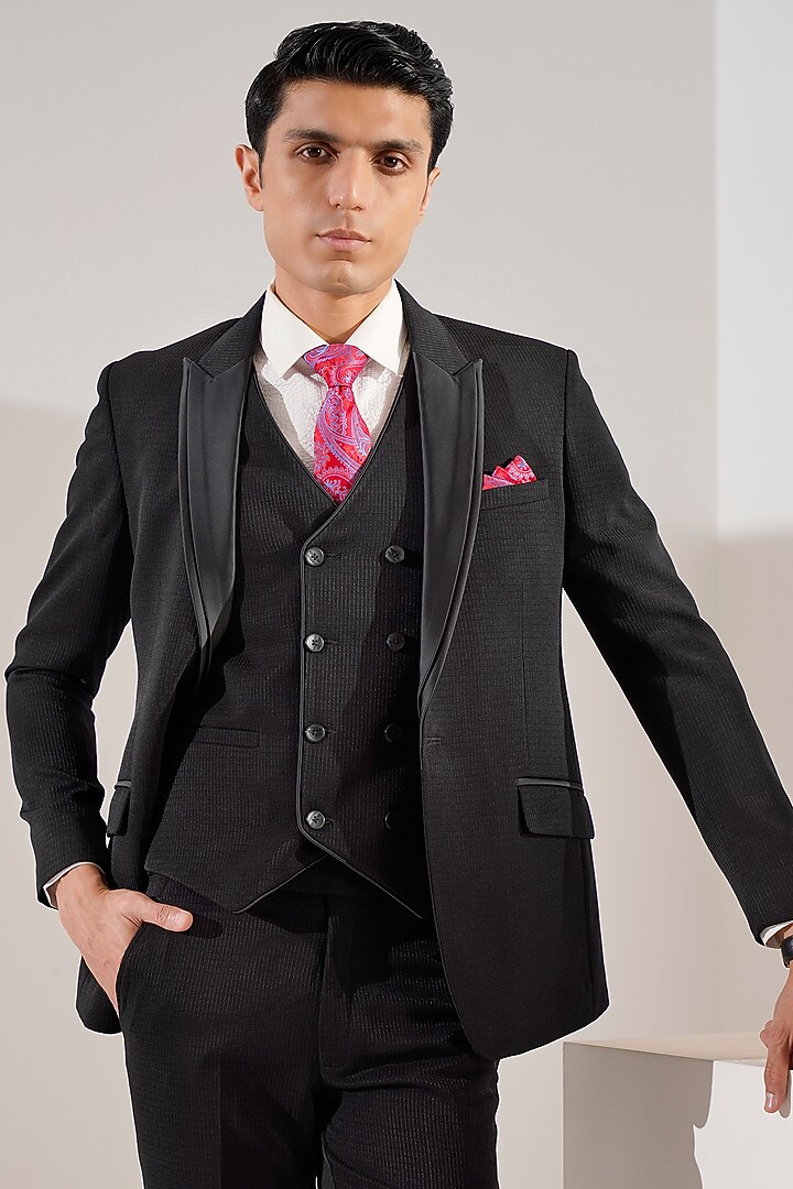 Black Jacquard Tuxedo Set by Zoop Men at Pernia's Pop Up Shop
