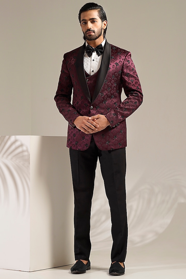 Wine Jacquard Embroidered Tuxedo Set by Zoop Men