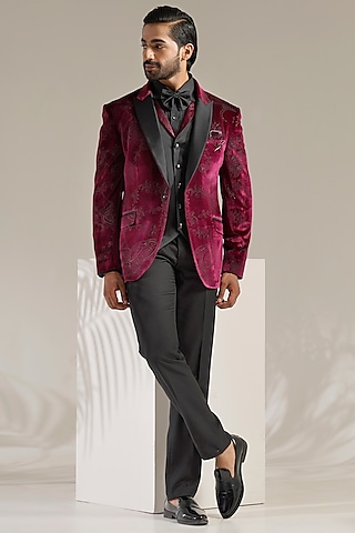 Wine Velvet Tuxedo Set by Zoop Men