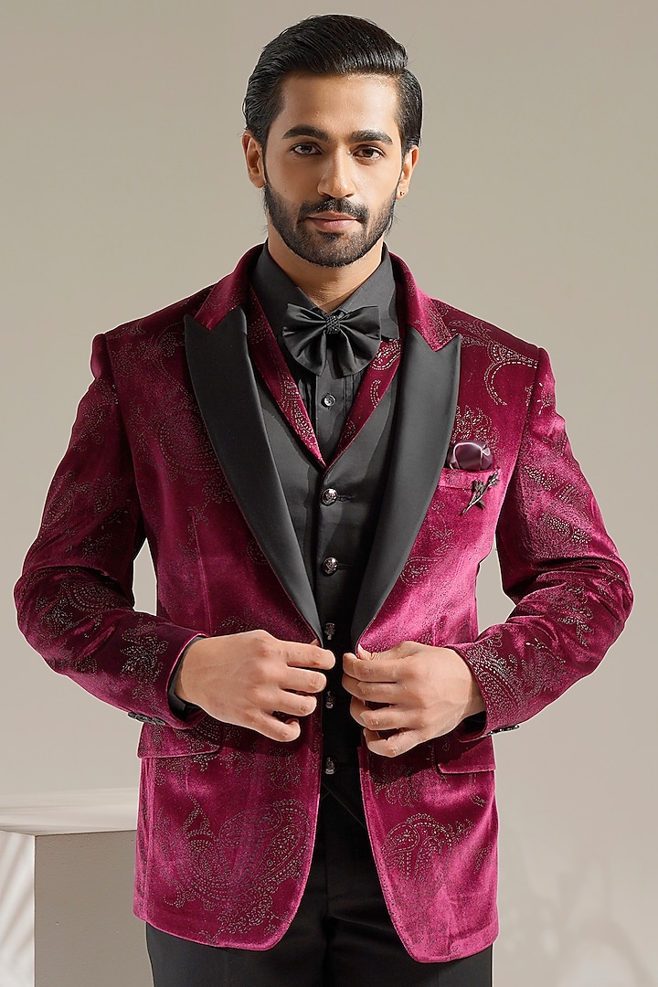 Wine Velvet Tuxedo Set by Zoop Men at Pernia's Pop Up Shop