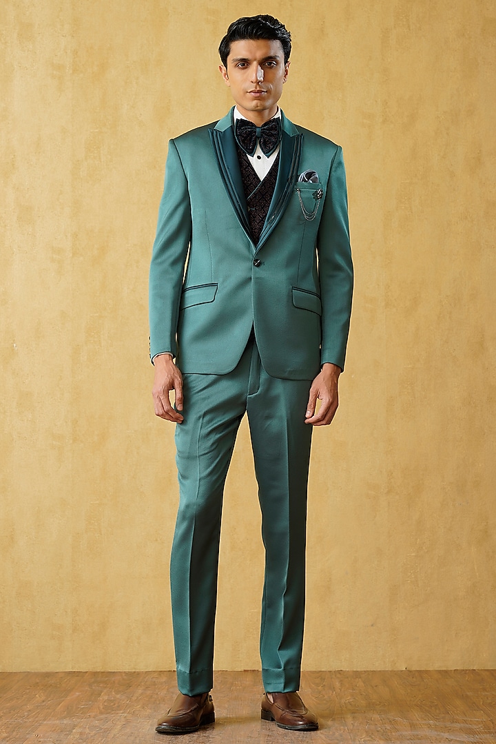 Light Teal Green Jacquard Tuxedo Set by Zoop Men