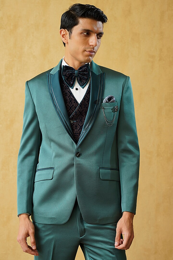 Light Teal Green Jacquard Tuxedo Set by Zoop Men at Pernia's Pop Up Shop