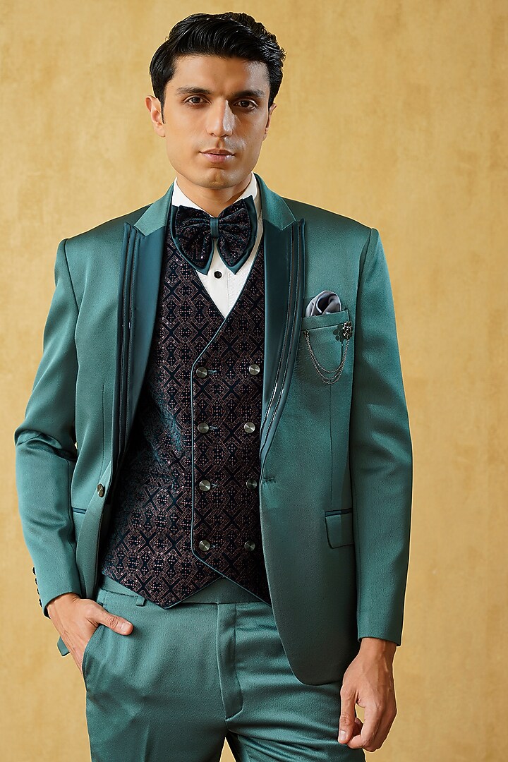 Light Teal Green Jacquard Tuxedo Set by Zoop Men at Pernia's Pop Up Shop