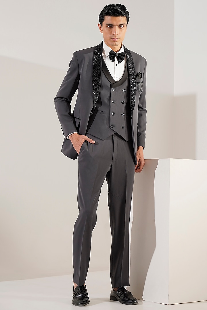 Grey Italian Jacquard Embellished Tuxedo Set by Zoop Men