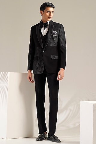 Black Italian Jacquard Tuxedo Set by Zoop Men