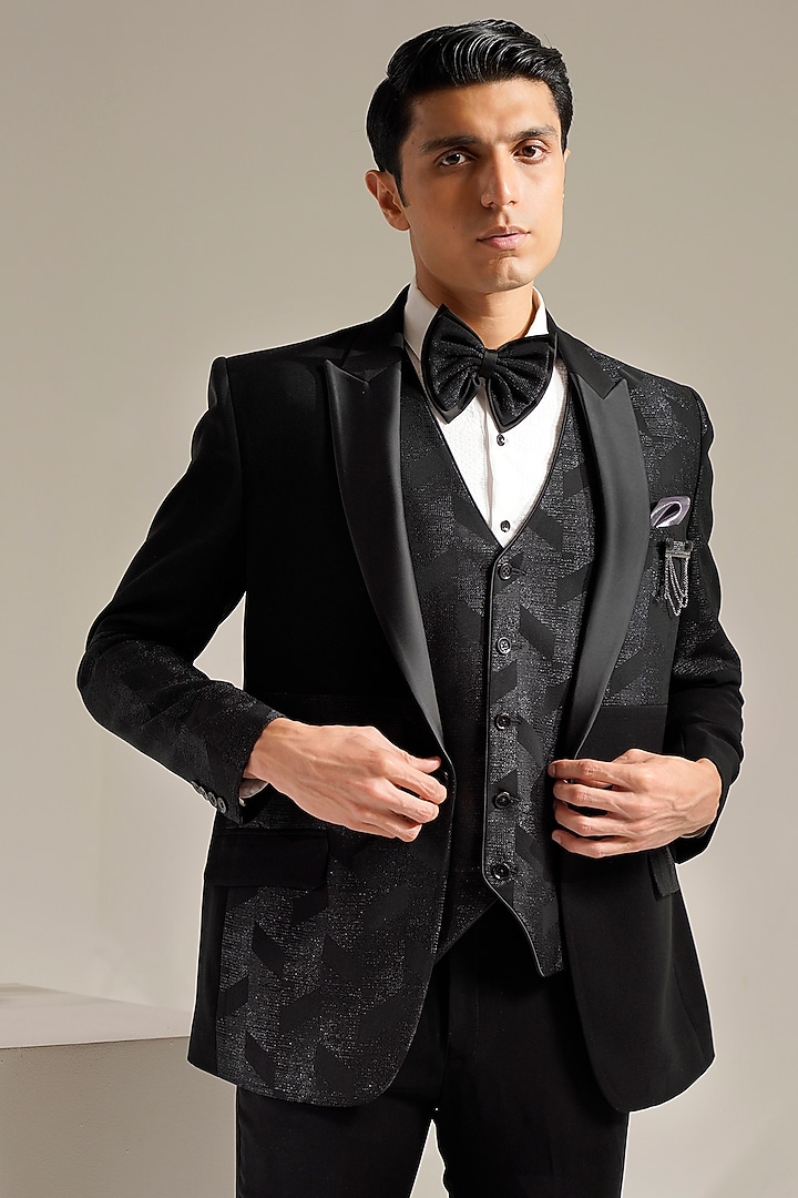 Black Italian Jacquard Tuxedo Set by Zoop Men at Pernia's Pop Up Shop