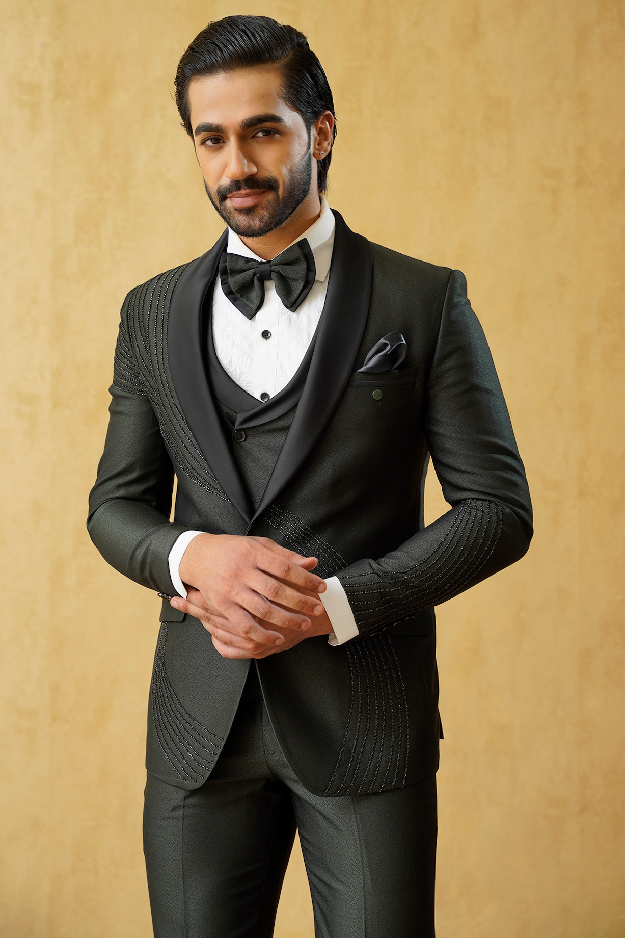 Dark Green Jacquard Tuxedo Set by Zoop Men at Pernia's Pop Up Shop