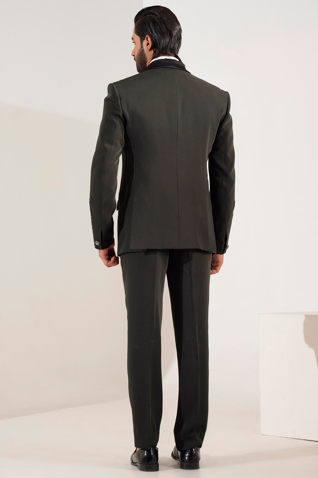 Dark Green Japanese Lycra Embroidered Tuxedo Set by Zoop Men at