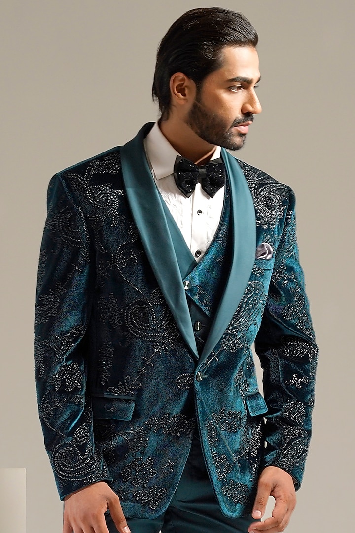 Buy Zoop Men Teal Velvet Embroidered Tuxedo Set at