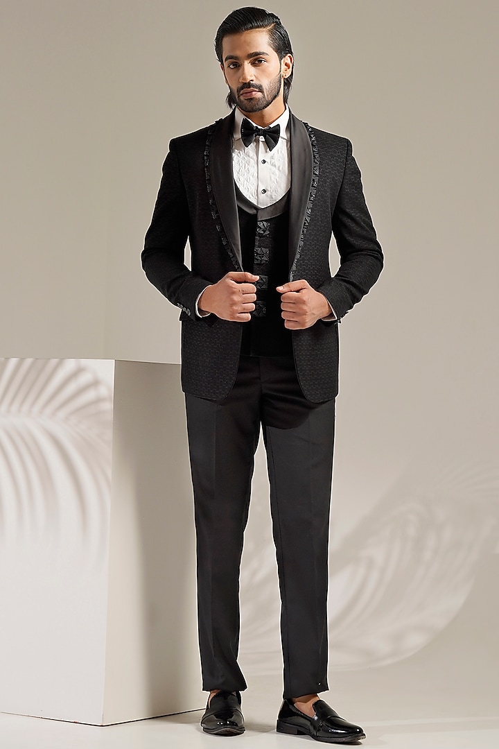 Black Jacquard Embroidered Tuxedo Set by Zoop Men