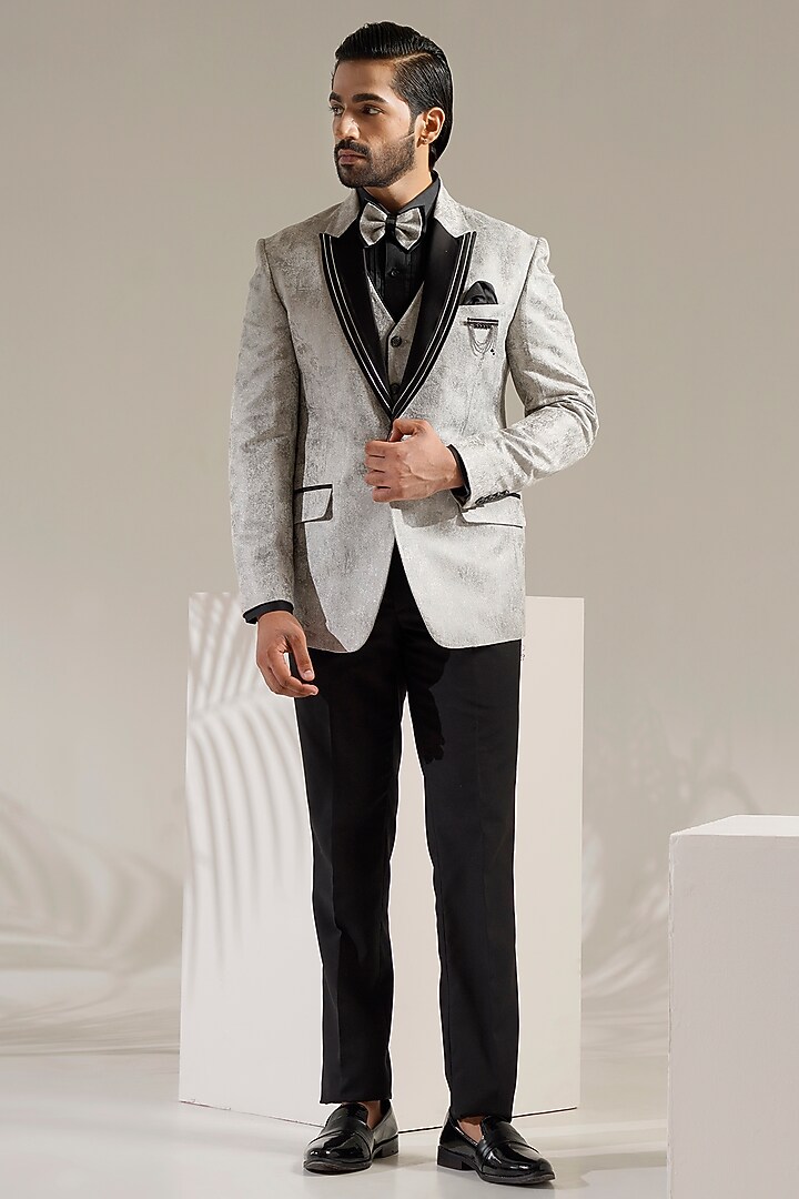 Grey Jacquard Tuxedo Set by Zoop Men at Pernia's Pop Up Shop