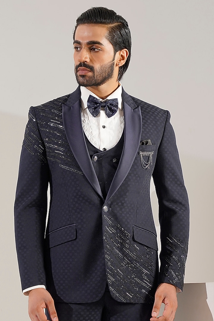 Blue Jacquard Tuxedo Set by Zoop Men at Pernia's Pop Up Shop