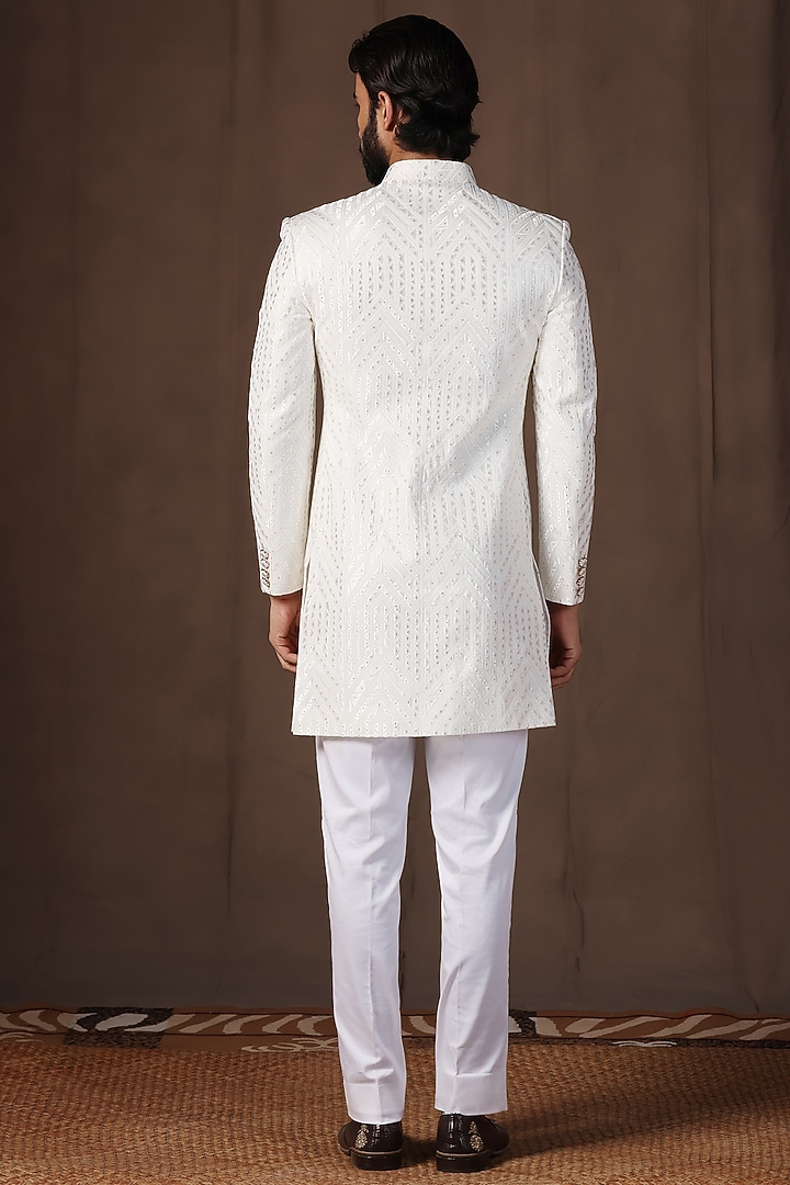 White Jacquard Thread Embroidered Wedding Indowestern Set by Zoop Men at Pernia's Pop Up Shop