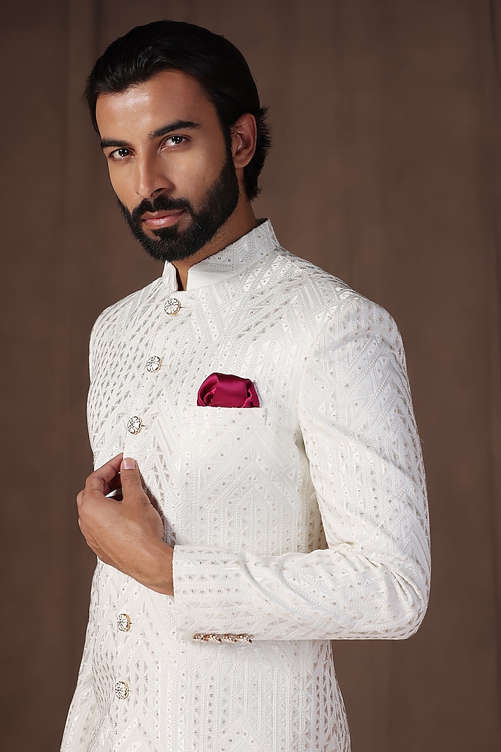 White Jacquard Thread Embroidered Wedding Indowestern Set by Zoop Men at Pernia's Pop Up Shop