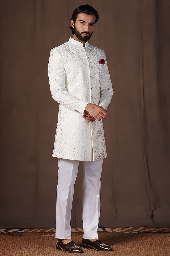 White Jacquard Thread Embroidered Wedding Indowestern Set by Zoop Men at Pernia's Pop Up Shop