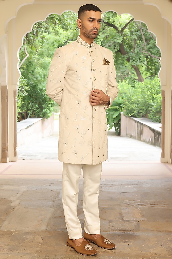 Cream Velvet Jacquard Hand Embroidered Achkan Style Wedding Indowestern Set by Zoop Men at Pernia's Pop Up Shop
