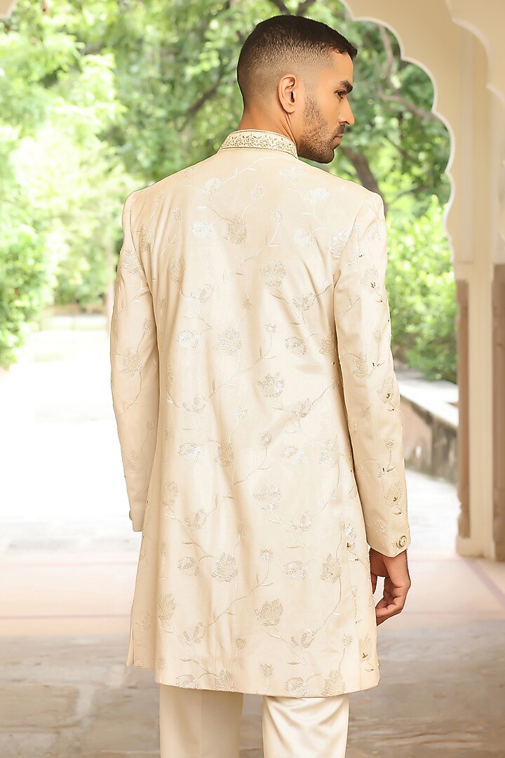 Cream Velvet Jacquard Hand Embroidered Achkan Style Wedding Indowestern Set by Zoop Men at Pernia's Pop Up Shop