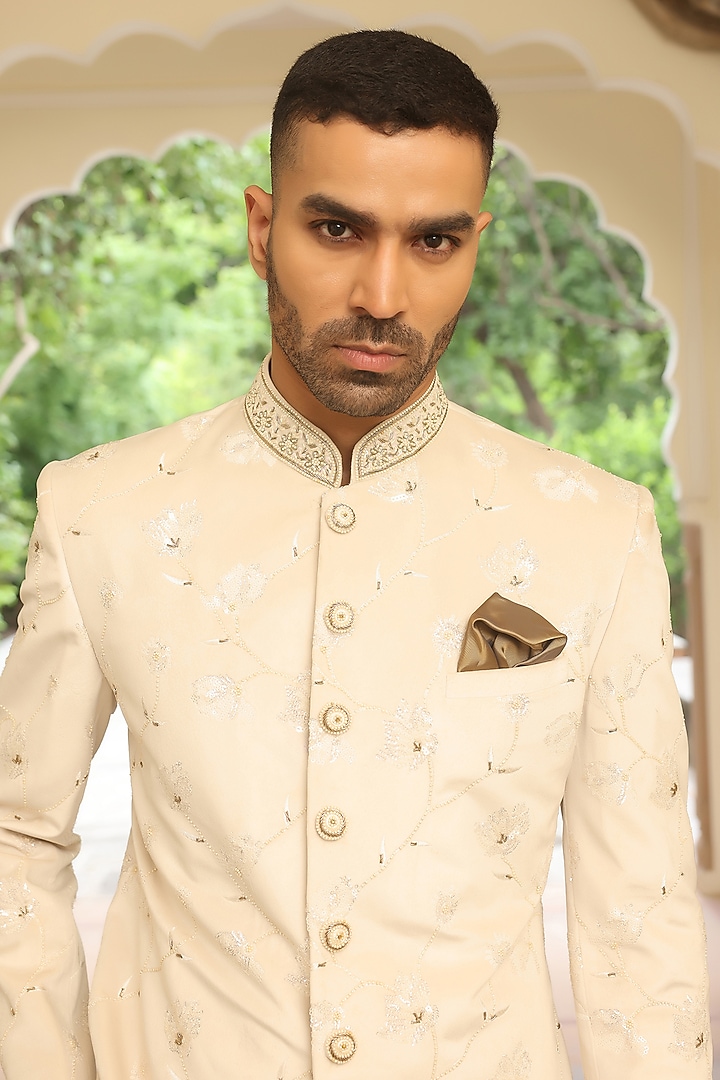Cream Velvet Jacquard Hand Embroidered Achkan Style Wedding Indowestern Set by Zoop Men at Pernia's Pop Up Shop
