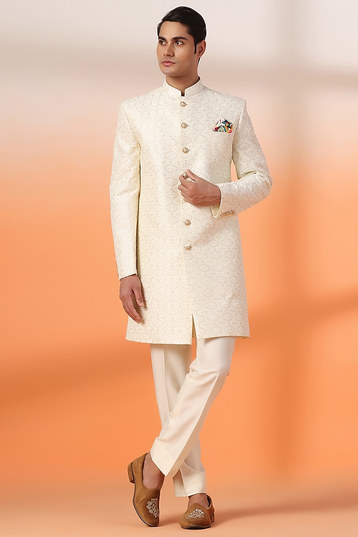 Ivory Gold Jacquard Thread Embroidered Achkan Style Indowestern Set by Zoop Men at Pernia's Pop Up Shop