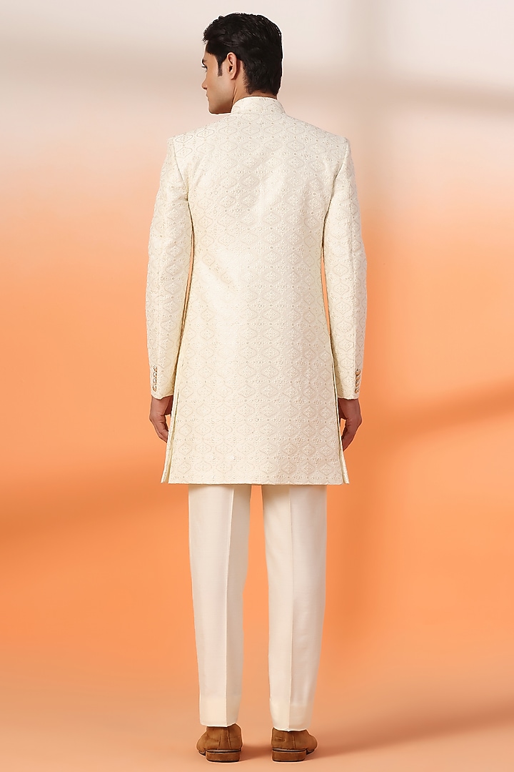 Ivory Gold Jacquard Thread Embroidered Achkan Style Indowestern Set by Zoop Men at Pernia's Pop Up Shop