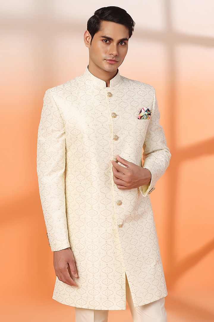 Ivory Gold Jacquard Thread Embroidered Achkan Style Indowestern Set by Zoop Men at Pernia's Pop Up Shop