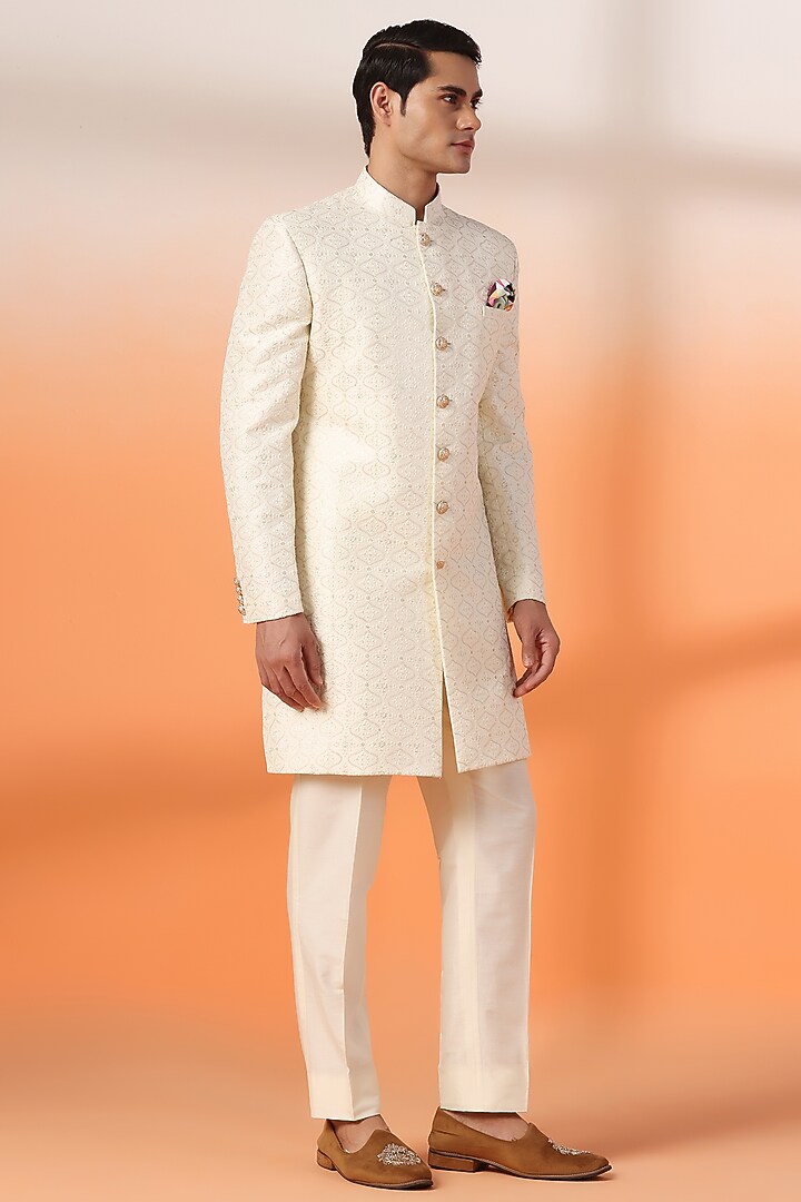 Ivory Gold Jacquard Thread Embroidered Achkan Style Indowestern Set by Zoop Men at Pernia's Pop Up Shop