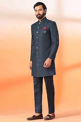 Blue Jacquard Thread Embroidered Achkan Style Indowestern Set by Zoop Men